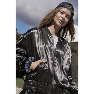 New Free People Movement Relay Zip-Up Olive Satin Bomber Jacket Size M
